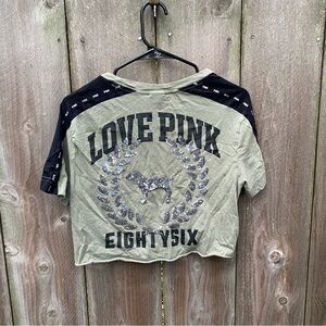 Y2K Vintage Pink‎ Sequin Green Eighty Six Short Sleeve Crop Top XS